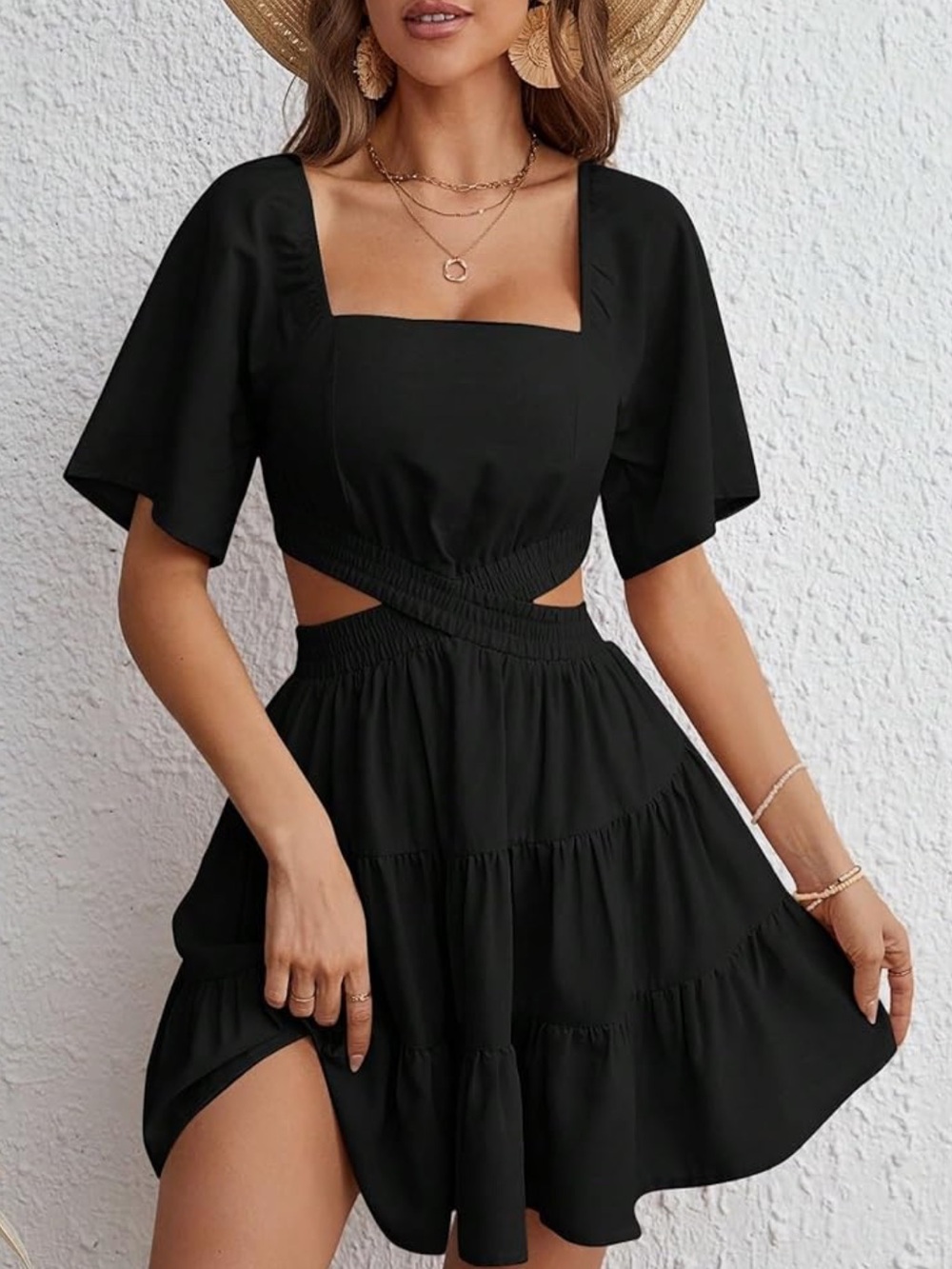 Black Cutout Waist Ruffle Hem Dress